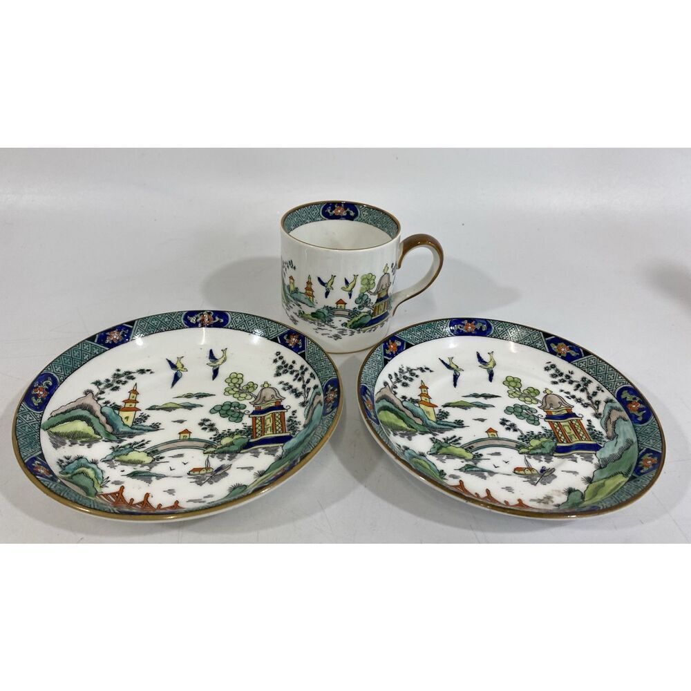 Staffordshire fine bone China Chinese Willow (2) Saucer plates (1) Demitasse Cup